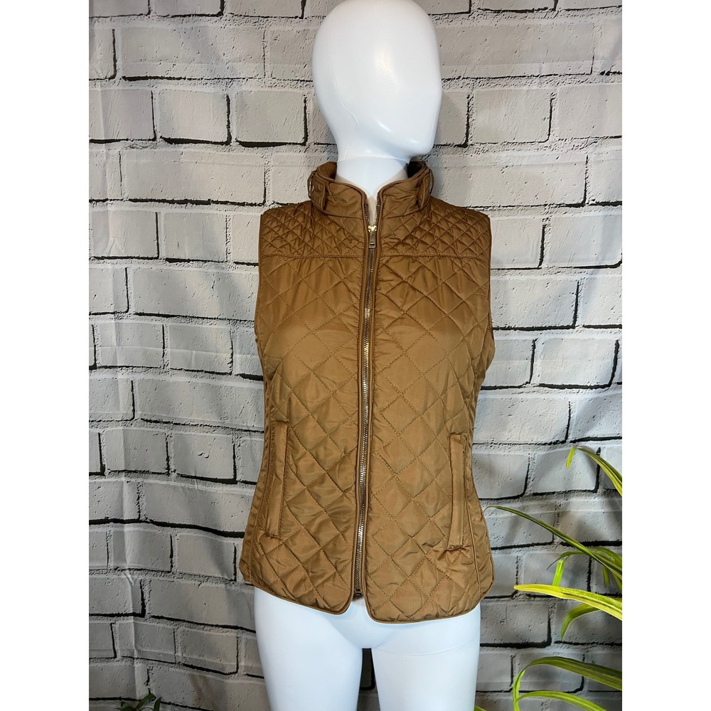 Celeste Womens Quilted Vest Camel Brown Full Zip Mock Neck Ribbed Sides Small